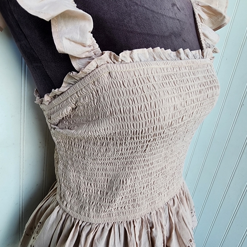 Japna Women's Beige Ruffled Smocked Stretch Eyelet Top Blouse Cotton Sz M - Picture 4 of 11